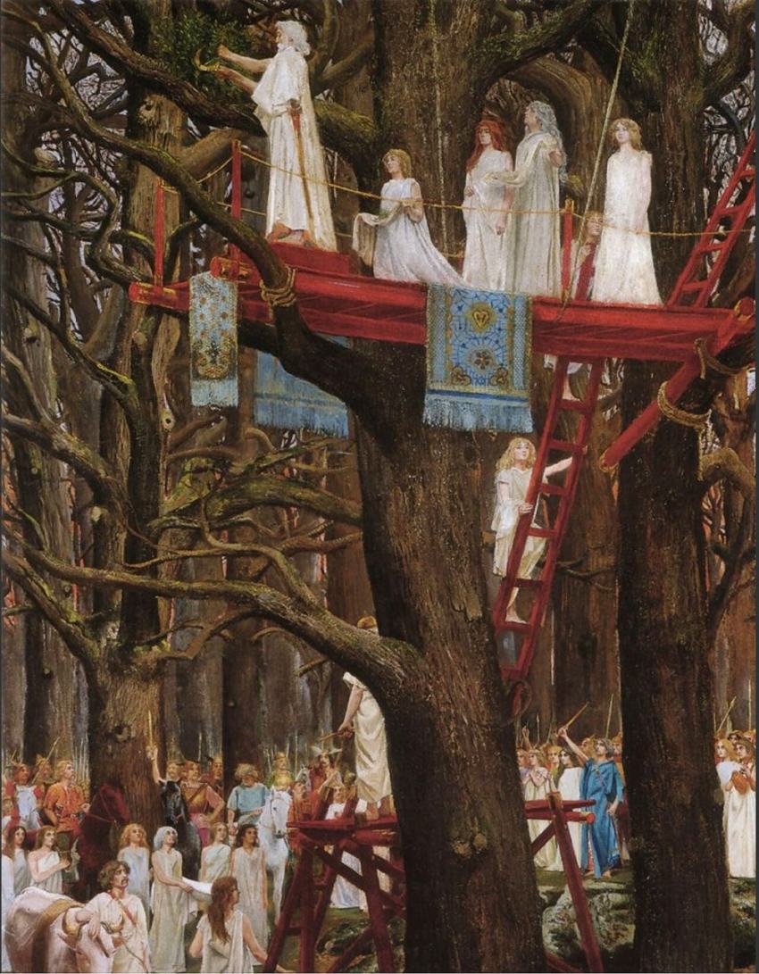 Tableau : druides en robe blanche cueillant le gui depuis une plateforme rouge dressée dans les chênes, foule en contrebas