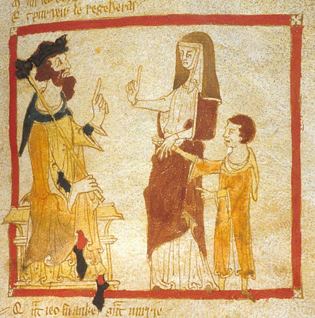 Miniature médiévale : un roi couronné assis reçoit une religieuse voilée accompagnée d'un jeune garçon