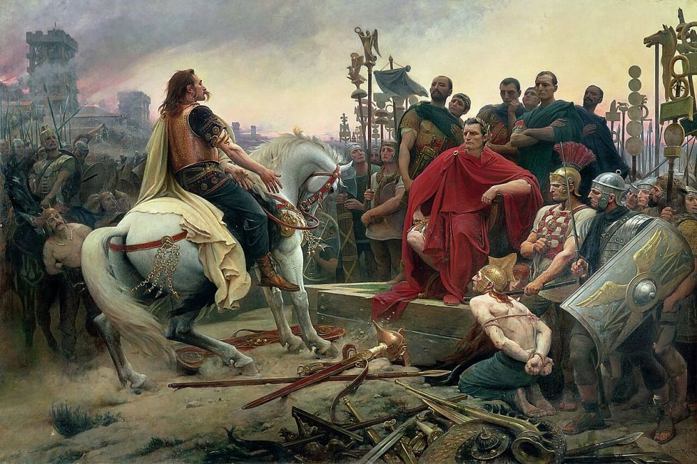 Tableau : Vercingétorix à cheval jette ses armes devant César assis, entouré de légionnaires